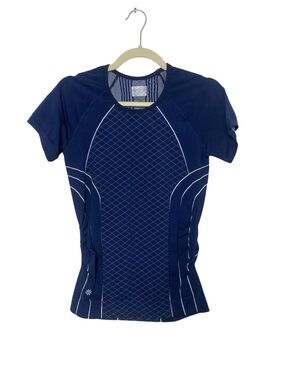 Athleta Navy Blue Short Sleeve Muscle Tee with White Piping